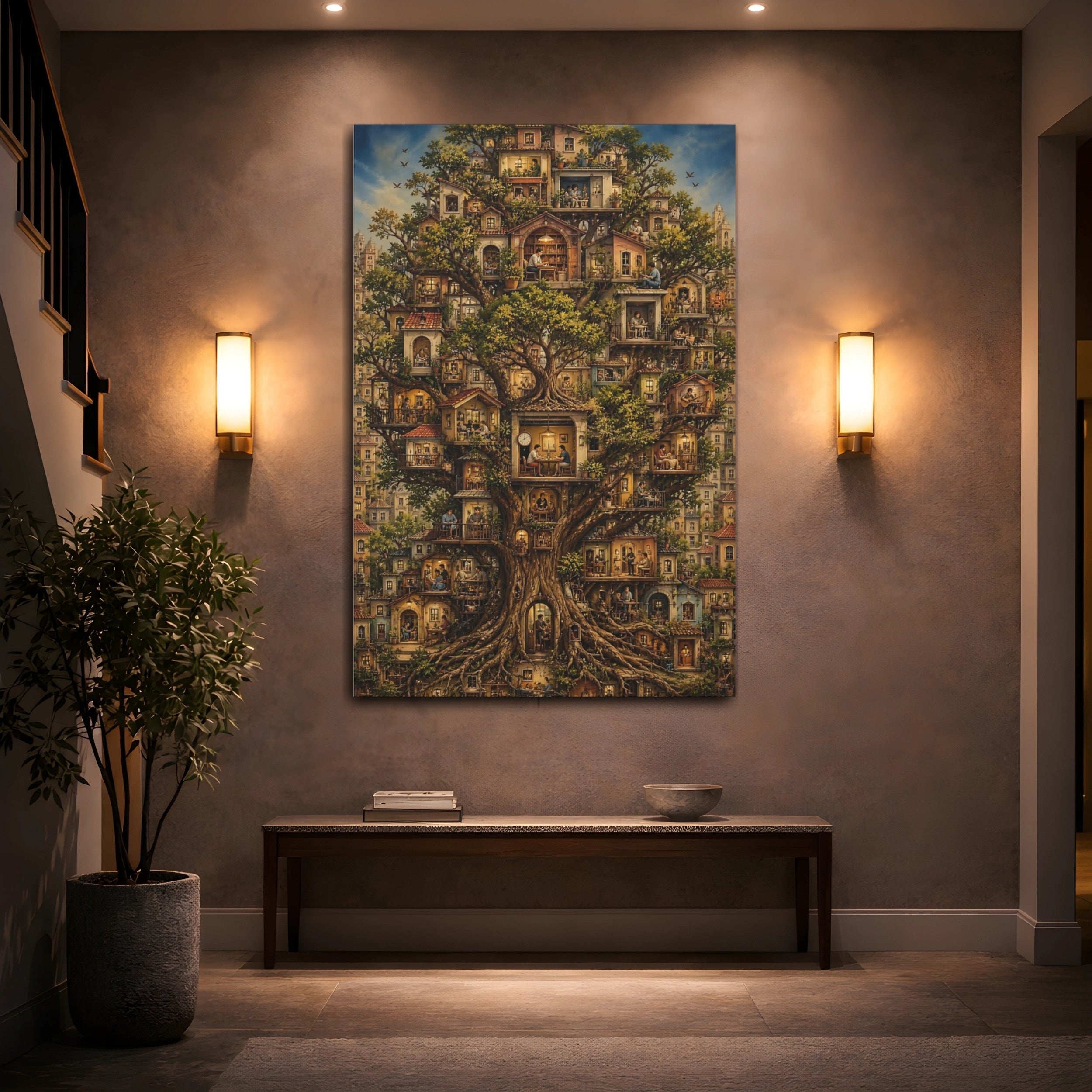 Mockup 2. Fairytale Tree City Whimsical Treehouse shown as stretched canvas wall art