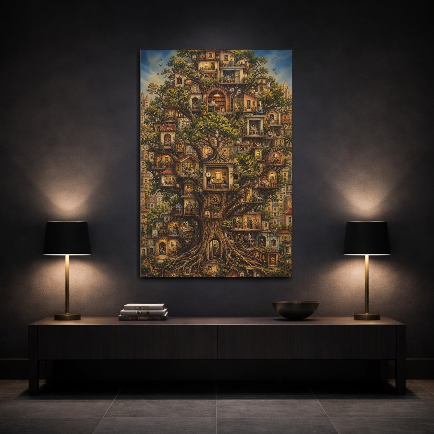 Fairytale Tree City Whimsical Treehouse Canvas Wall Art Print - Living Room, Above Couch shown as canvas wall art