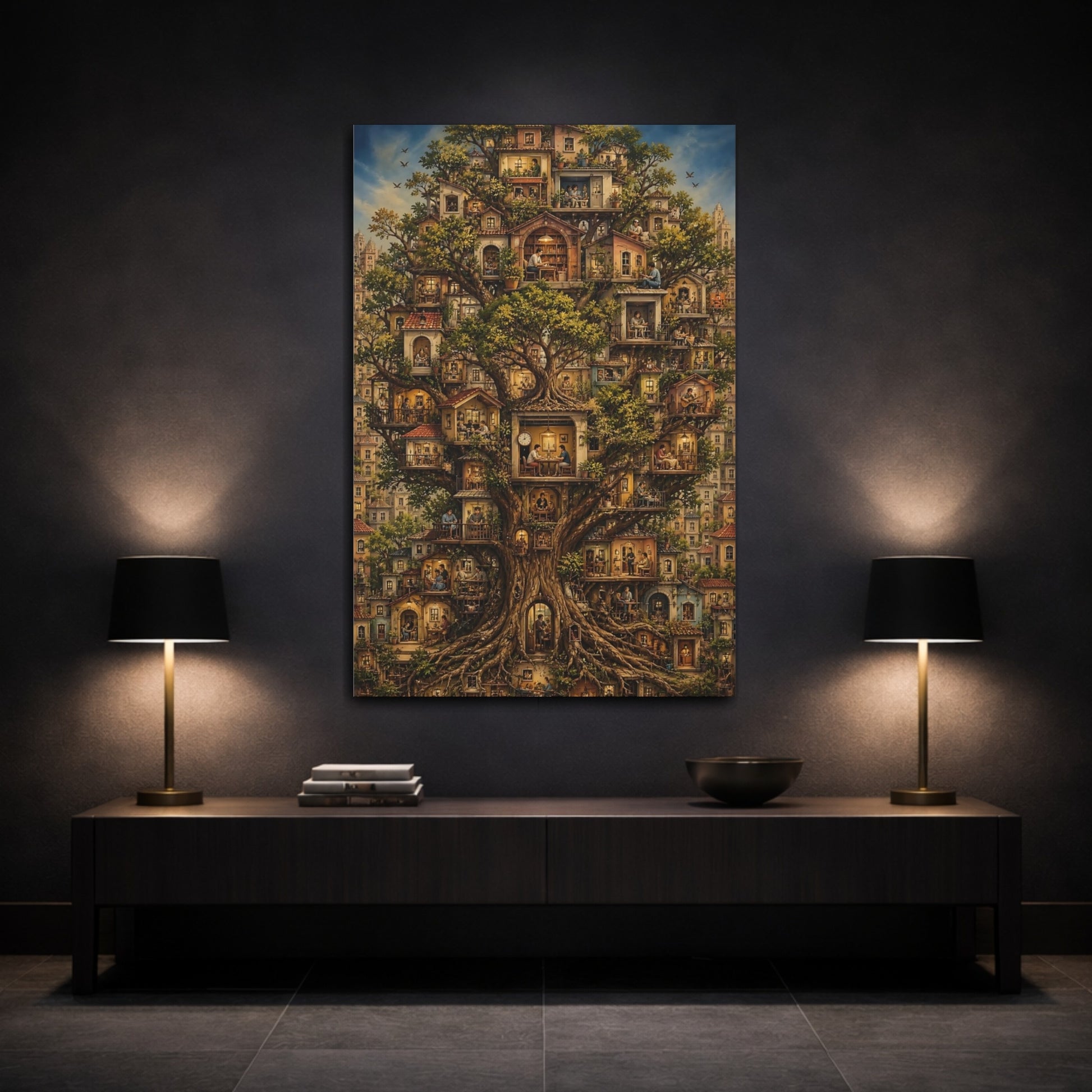 Fairytale Tree City Whimsical Treehouse Canvas Wall Art Print - Living Room, Above Couch shown as canvas wall art