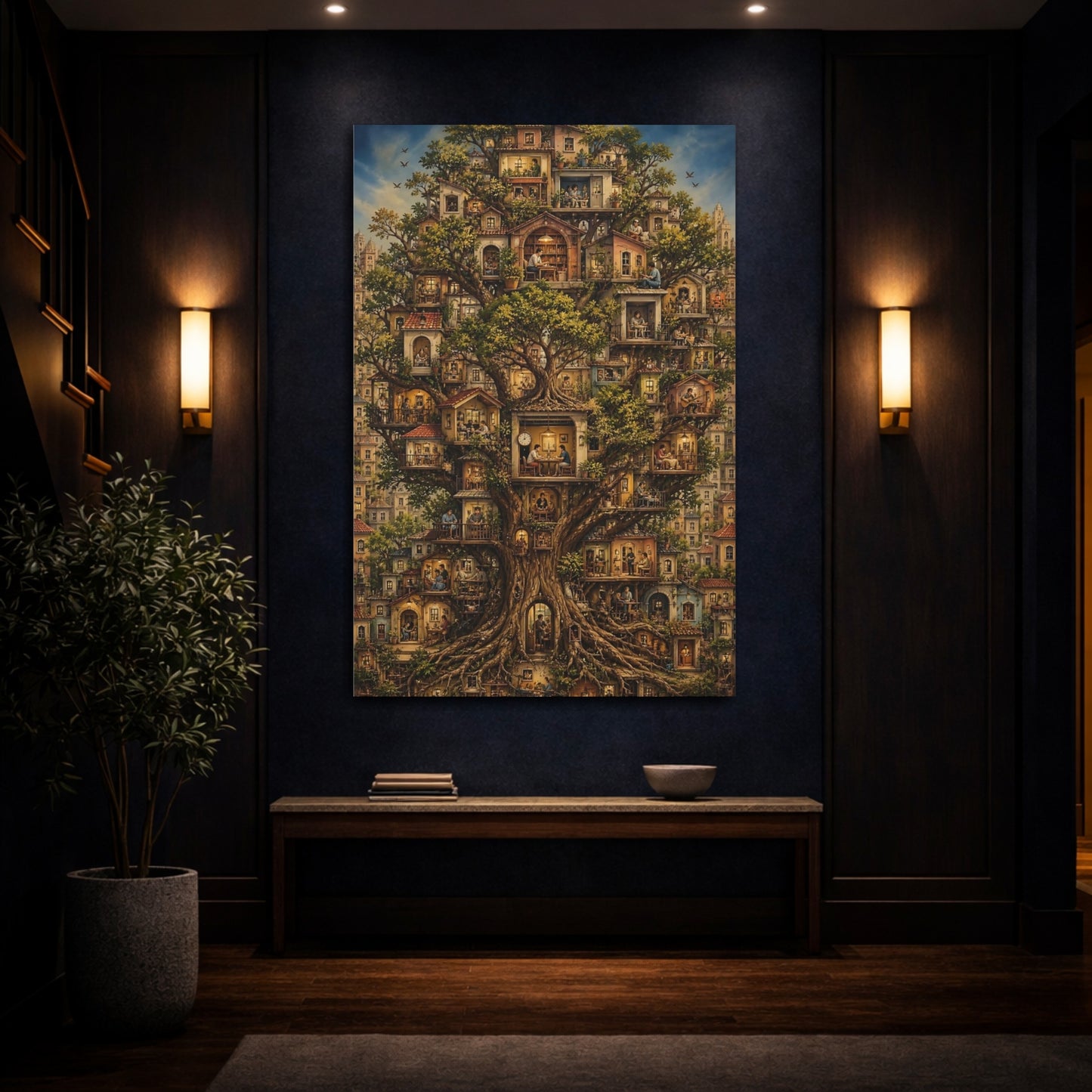 Fairytale Tree City Whimsical Treehouse Canvas Wall Art Print - Living Room, Above Couch shown as canvas wall art