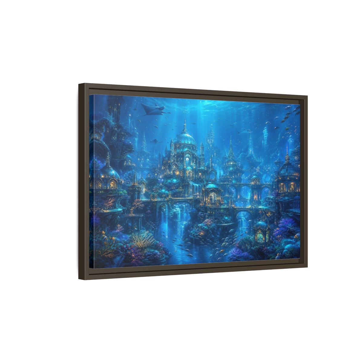 Side Mockup 2. Fairytale Underwater City Blue Underwater City shown as stretched canvas wall art