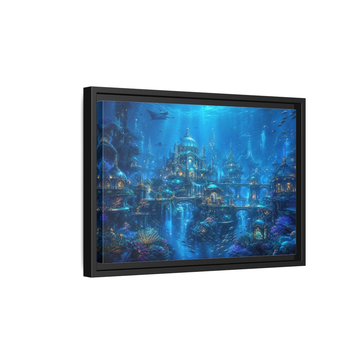 Side Mockup 6. Fairytale Underwater City Blue Underwater City shown as stretched canvas wall art