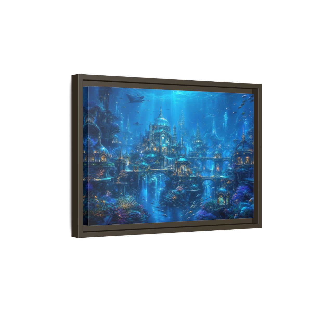Side Mockup 5. Fairytale Underwater City Blue Underwater City shown as stretched canvas wall art