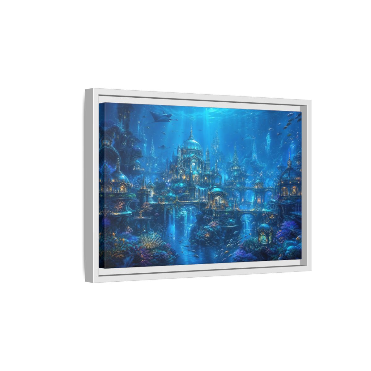 Side Mockup 4. Fairytale Underwater City Blue Underwater City shown as stretched canvas wall art
