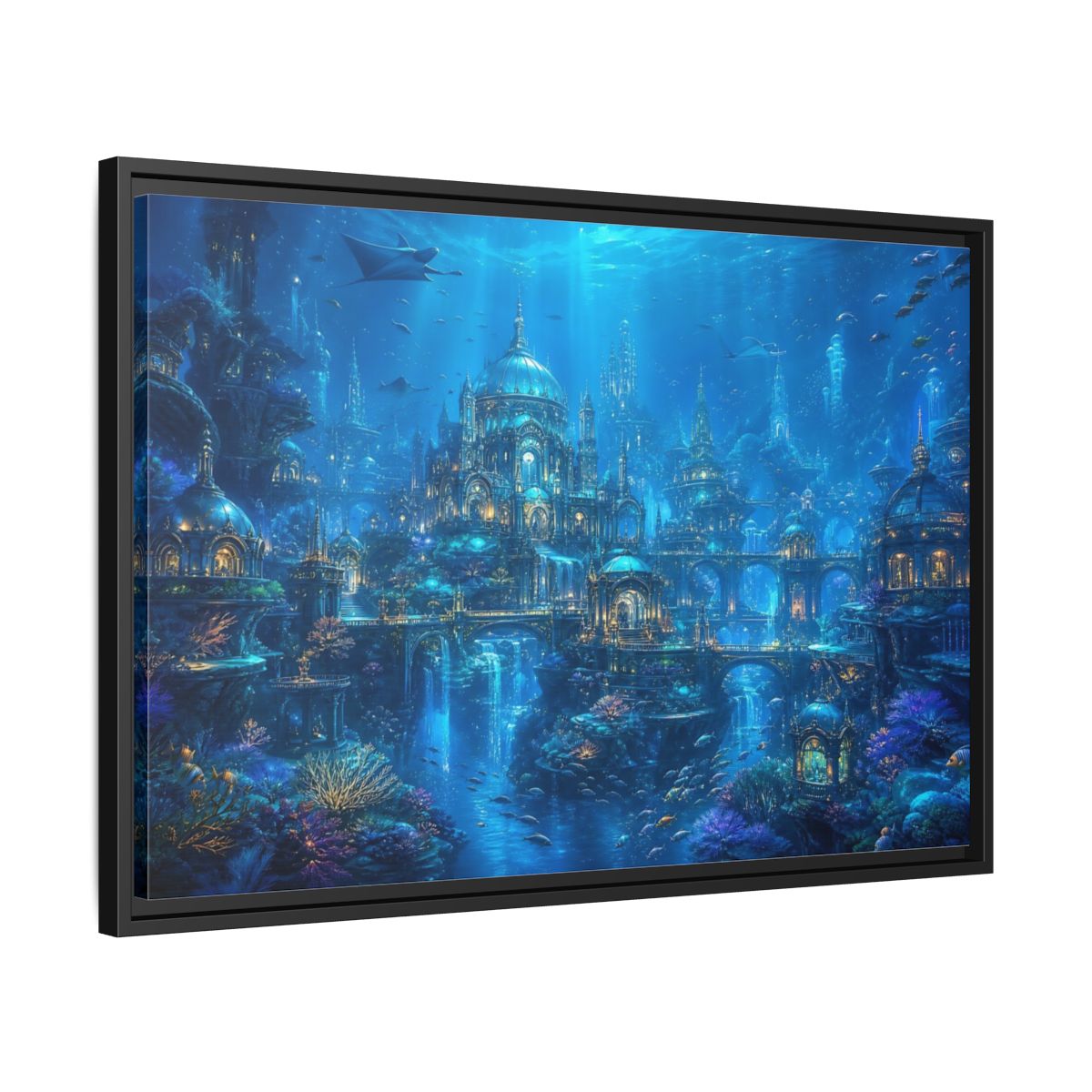 Side Mockup 14. Fairytale Underwater City Blue Underwater City shown as stretched canvas wall art