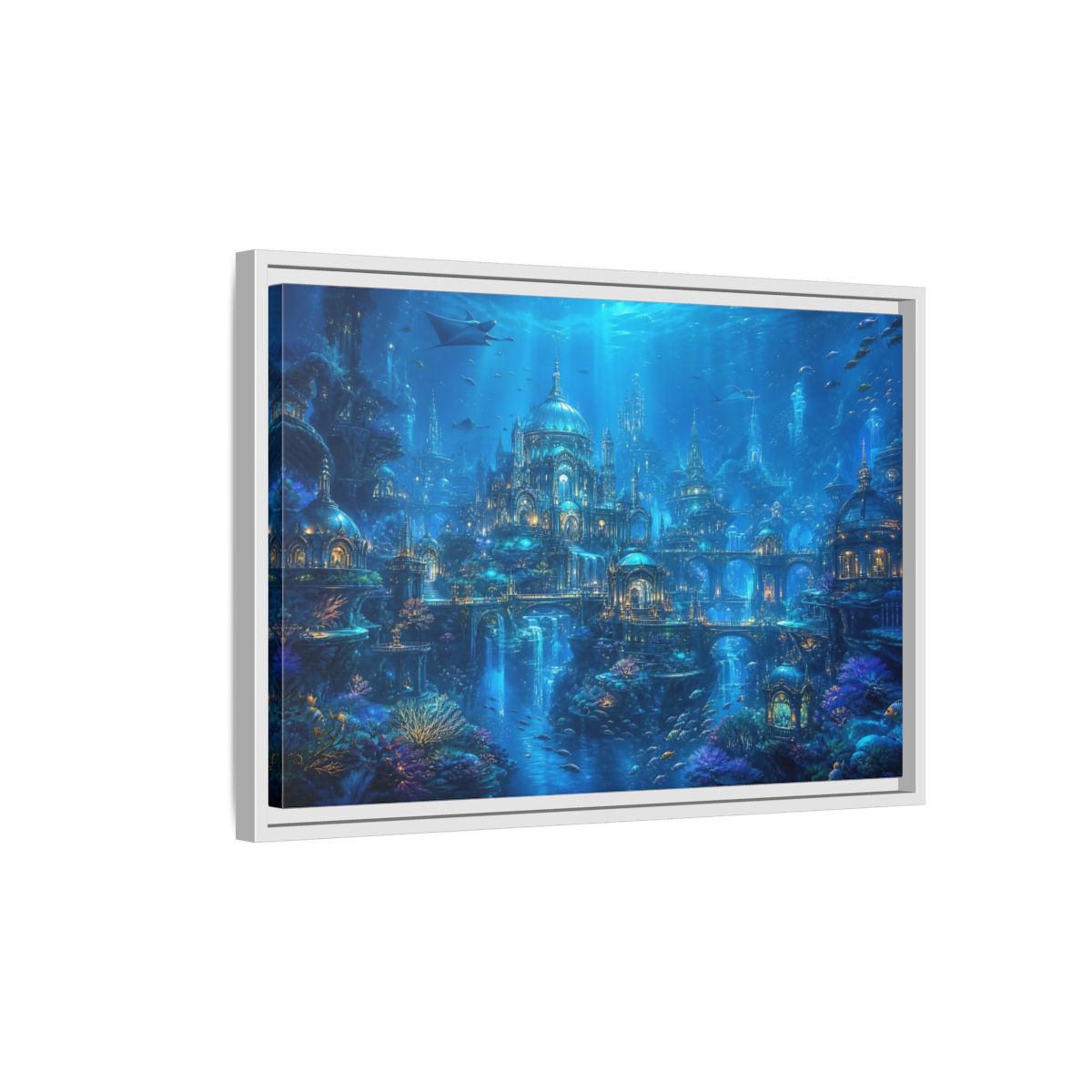 Side Mockup 1. Fairytale Underwater City Blue Underwater City shown as stretched canvas wall art