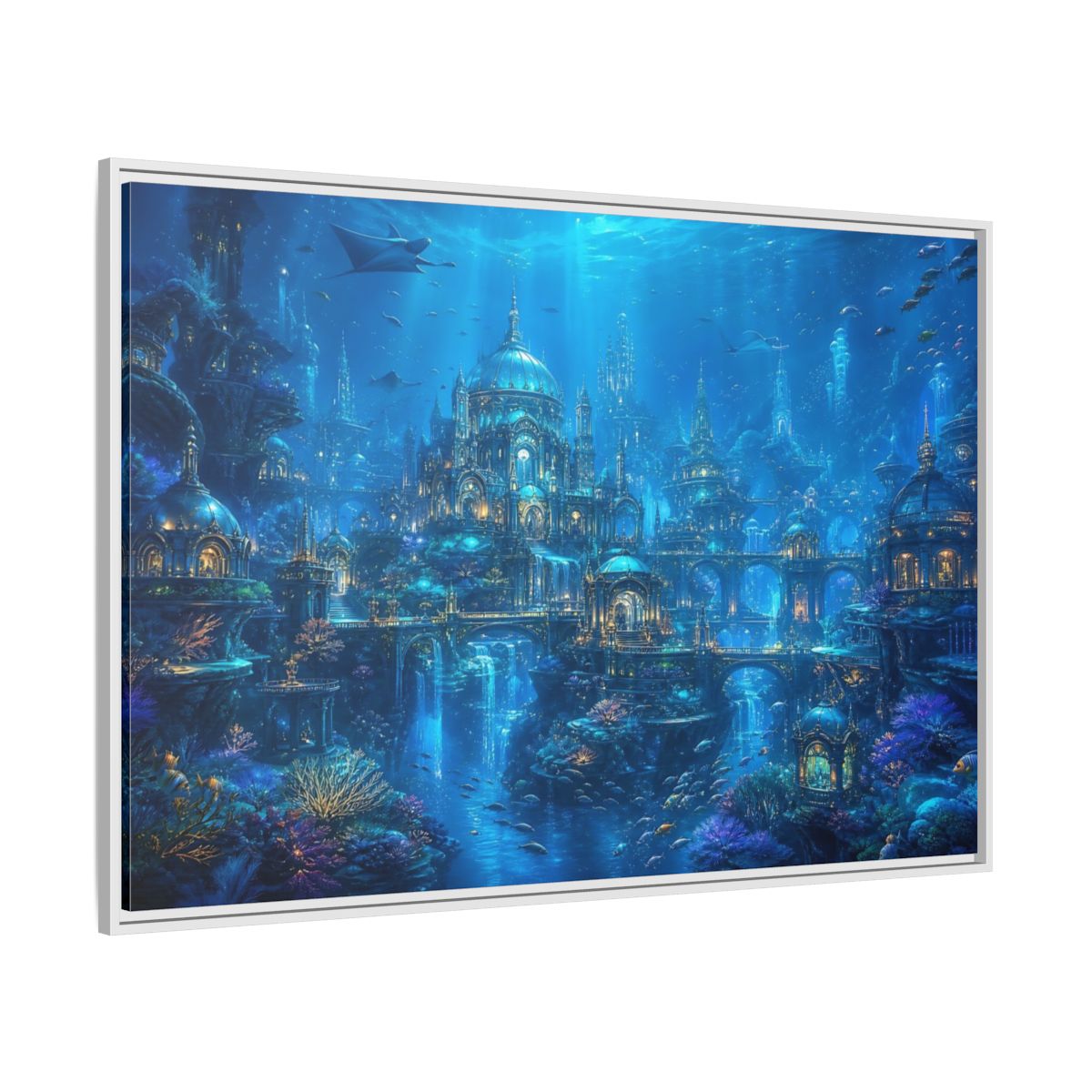Side Mockup 7. Fairytale Underwater City Blue Underwater City shown as stretched canvas wall art