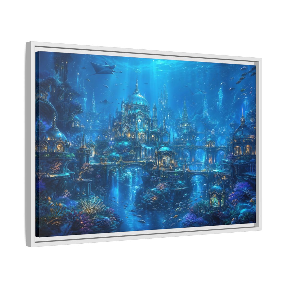 Side Mockup 10. Fairytale Underwater City Blue Underwater City shown as stretched canvas wall art