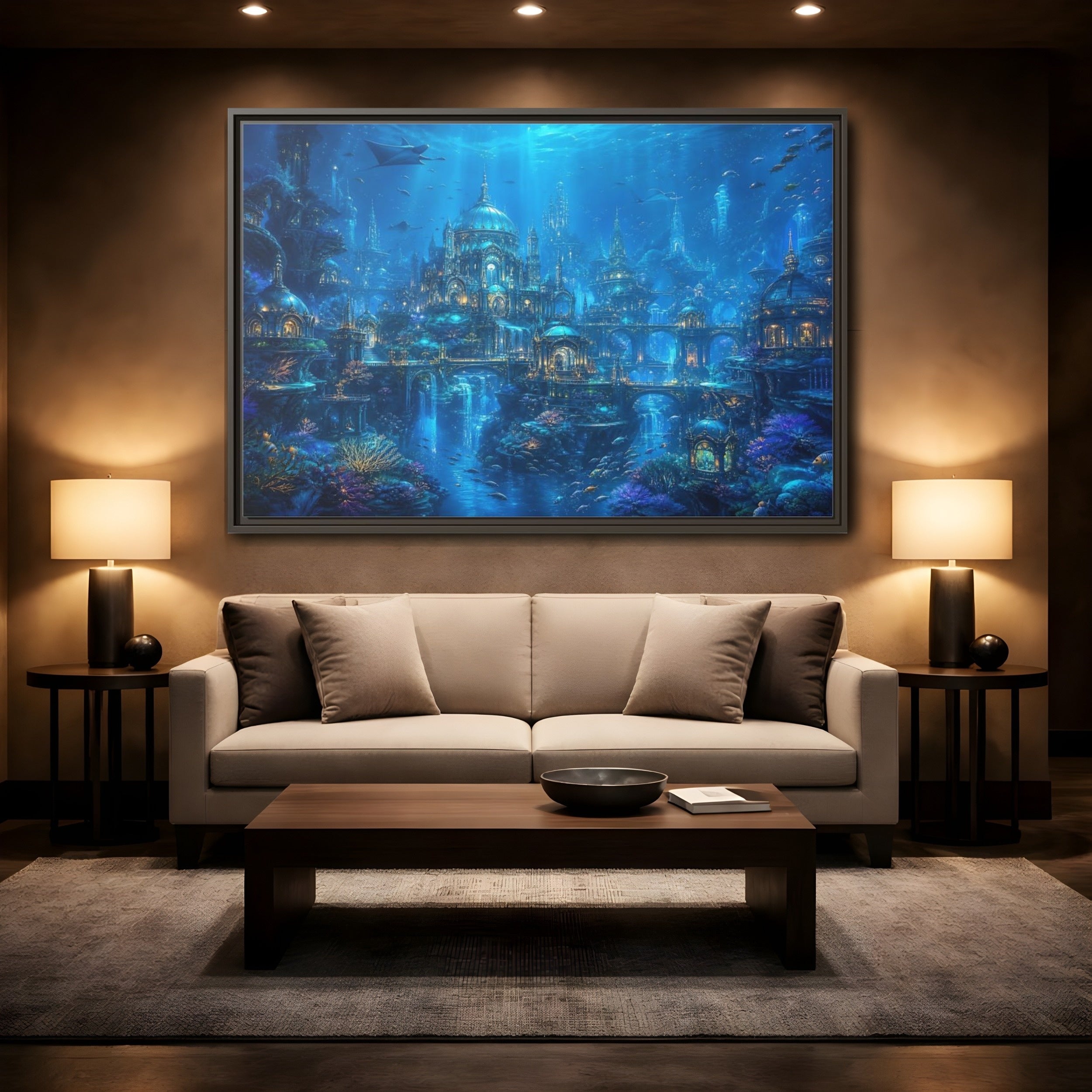 Mockup 2. Fairytale Underwater City Blue Underwater City shown as stretched canvas wall art