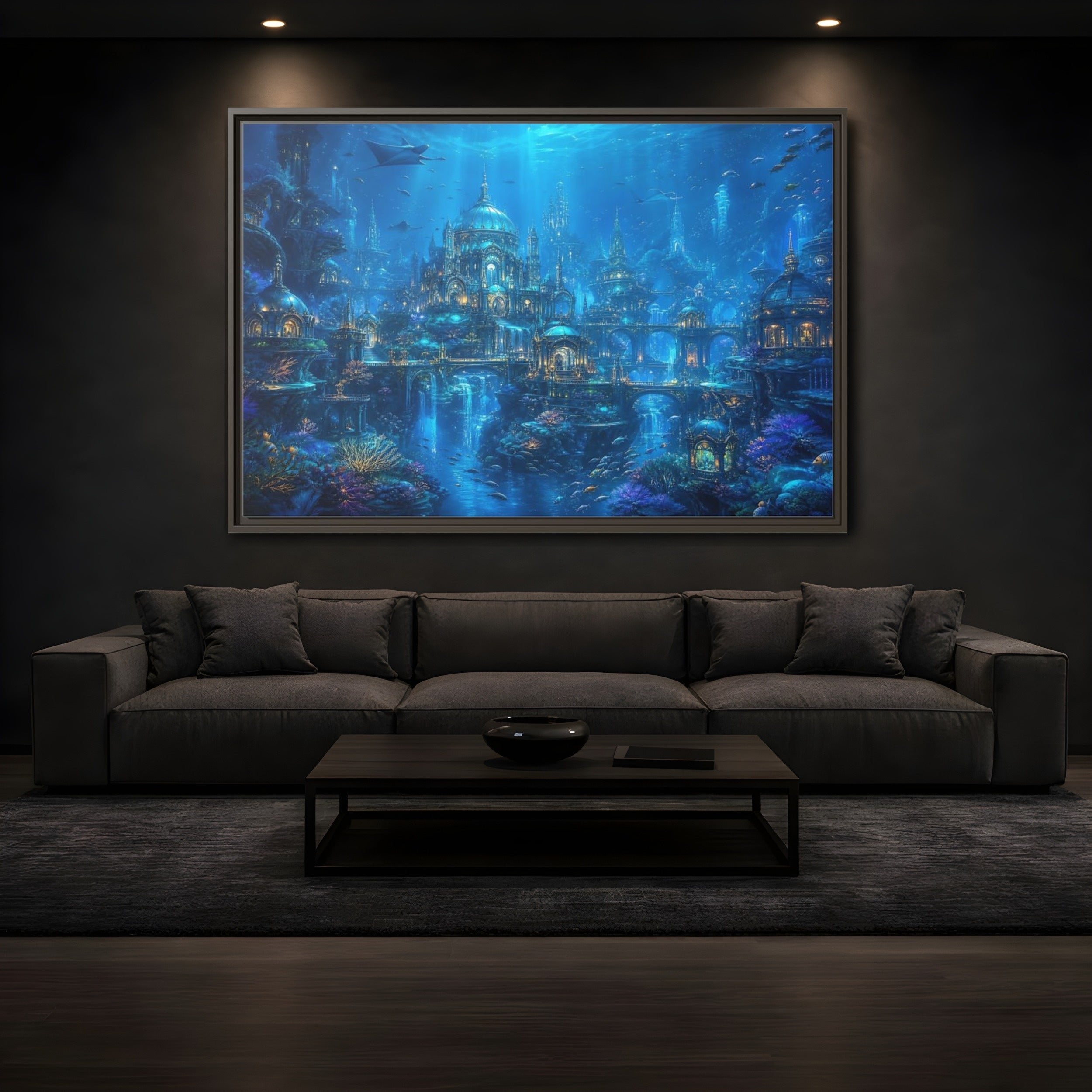 Mockup 3. Fairytale Underwater City Blue Underwater City shown as stretched canvas wall art