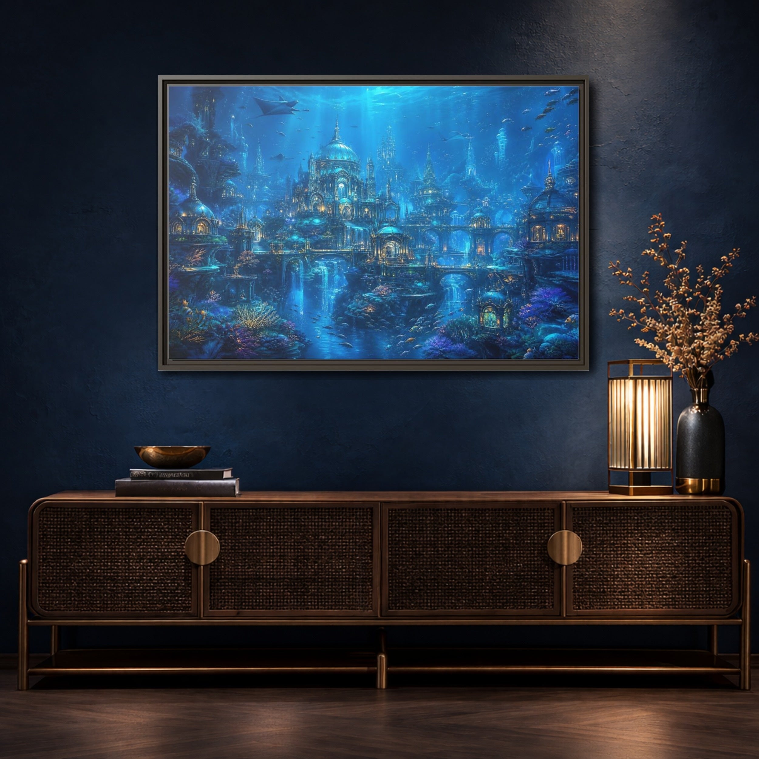 Mockup 4. Fairytale Underwater City Blue Underwater City shown as stretched canvas wall art