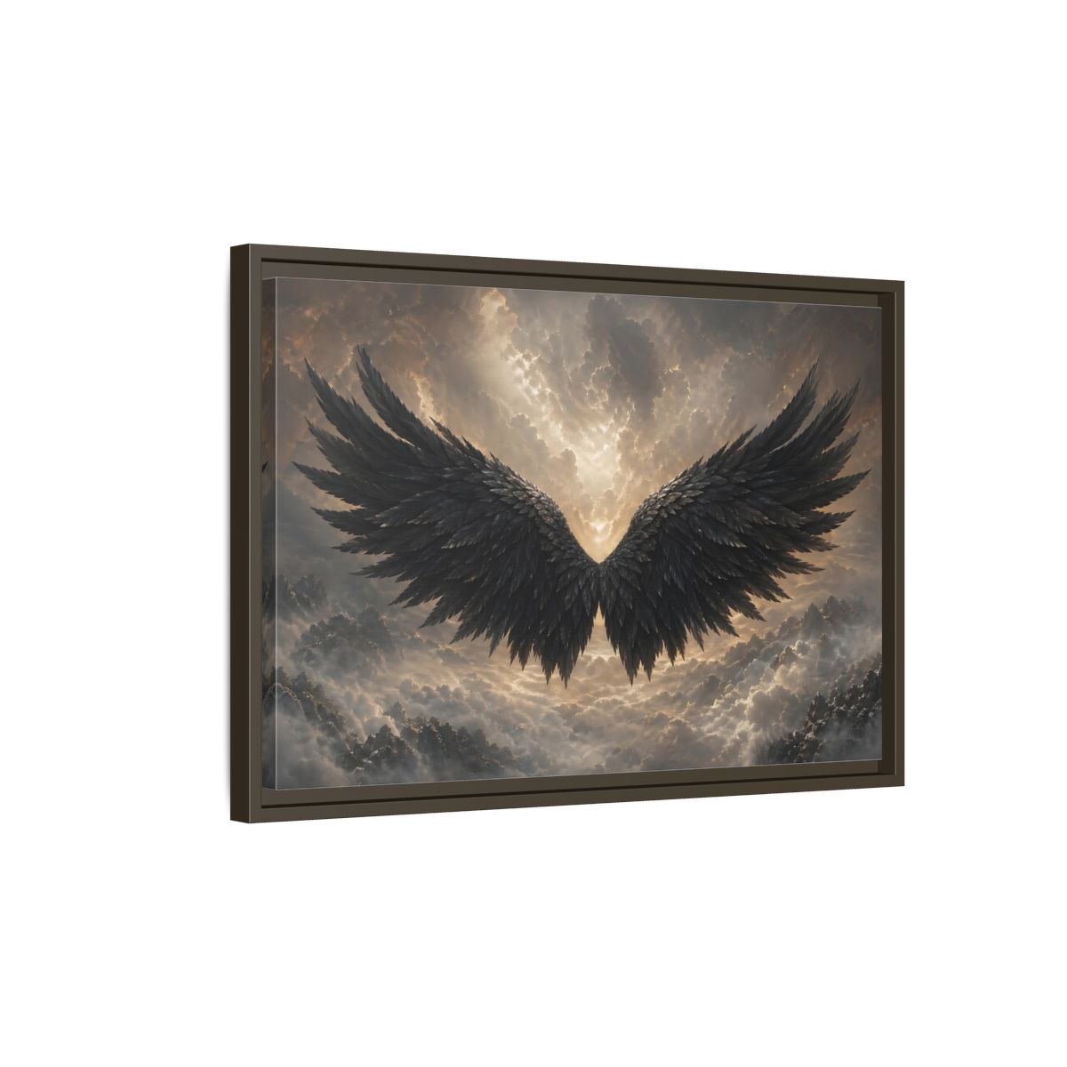 Side Mockup 2. Fairytale Wings Black And Gold shown as stretched canvas wall art