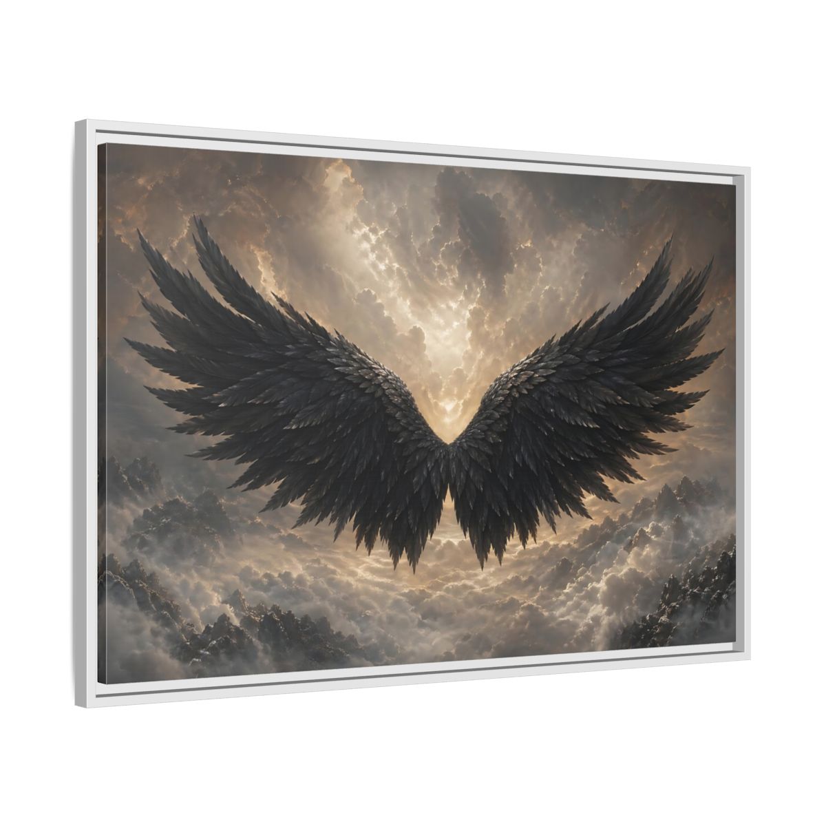 Side Mockup 9. Fairytale Wings Black And Gold shown as stretched canvas wall art