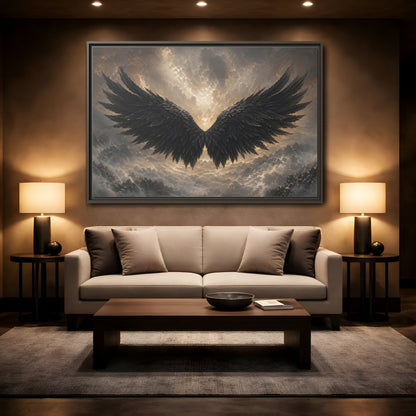 Mockup 2. Fairytale Wings Black And Gold shown as stretched canvas wall art