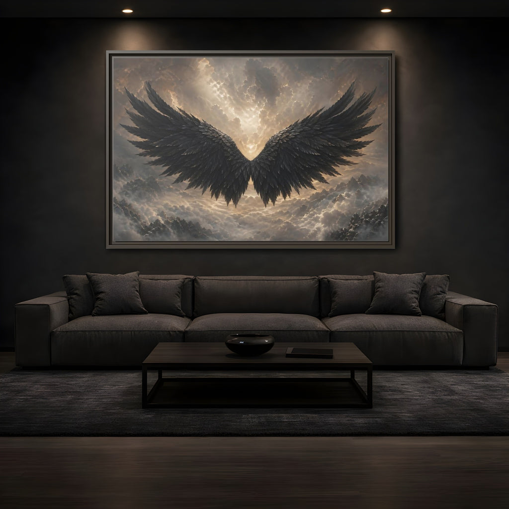 Mockup 3. Fairytale Wings Black And Gold shown as stretched canvas wall art