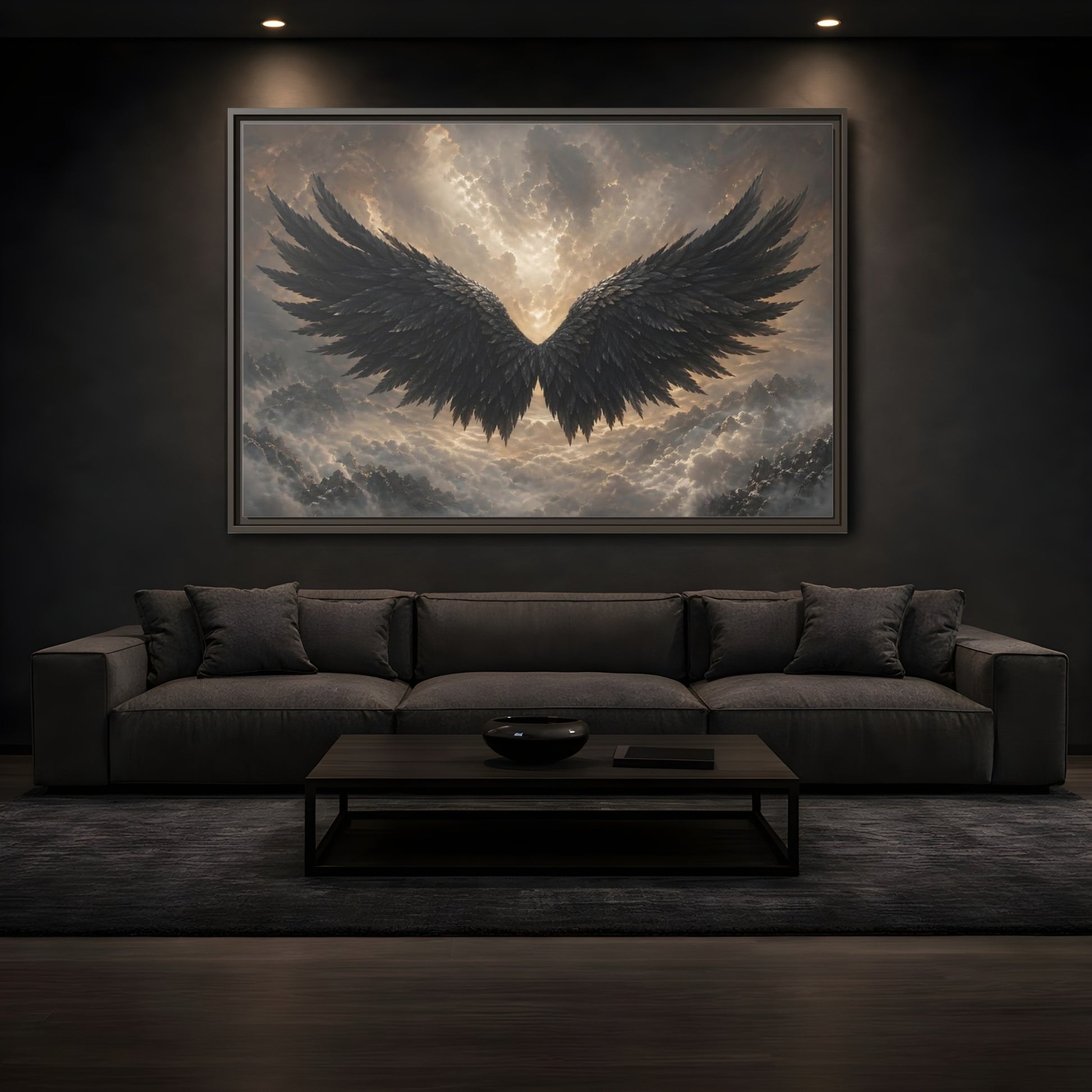 Mockup 3. Fairytale Wings Black And Gold shown as stretched canvas wall art