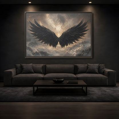 Mockup 3. Fairytale Wings Black And Gold shown as stretched canvas wall art