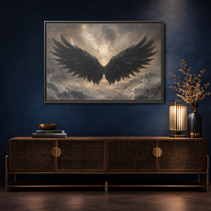 Mockup 4. Fairytale Wings Black And Gold shown as stretched canvas wall art