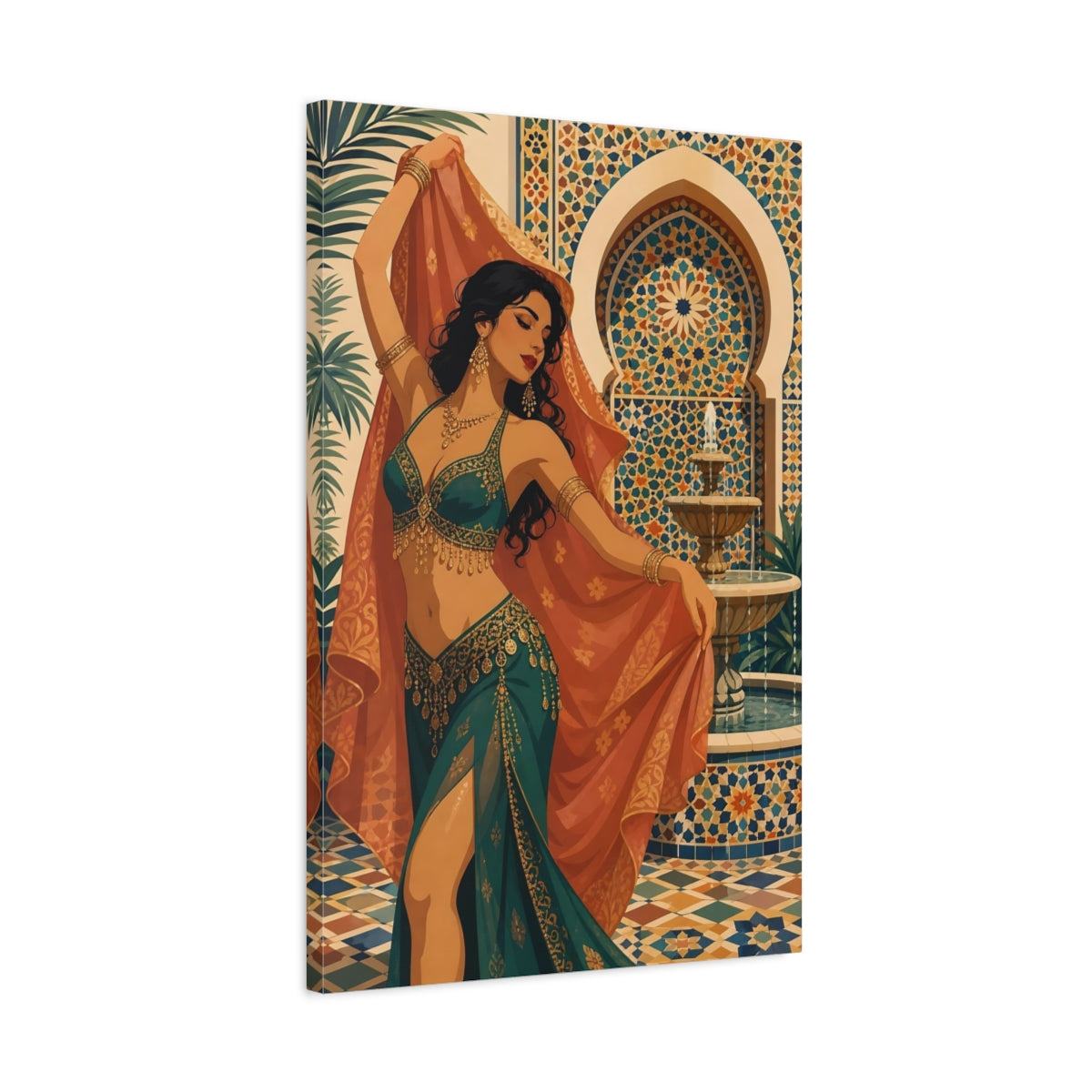Side Mockup 2. Fairytale Woman Dancing Teal And Gold shown as canvas print