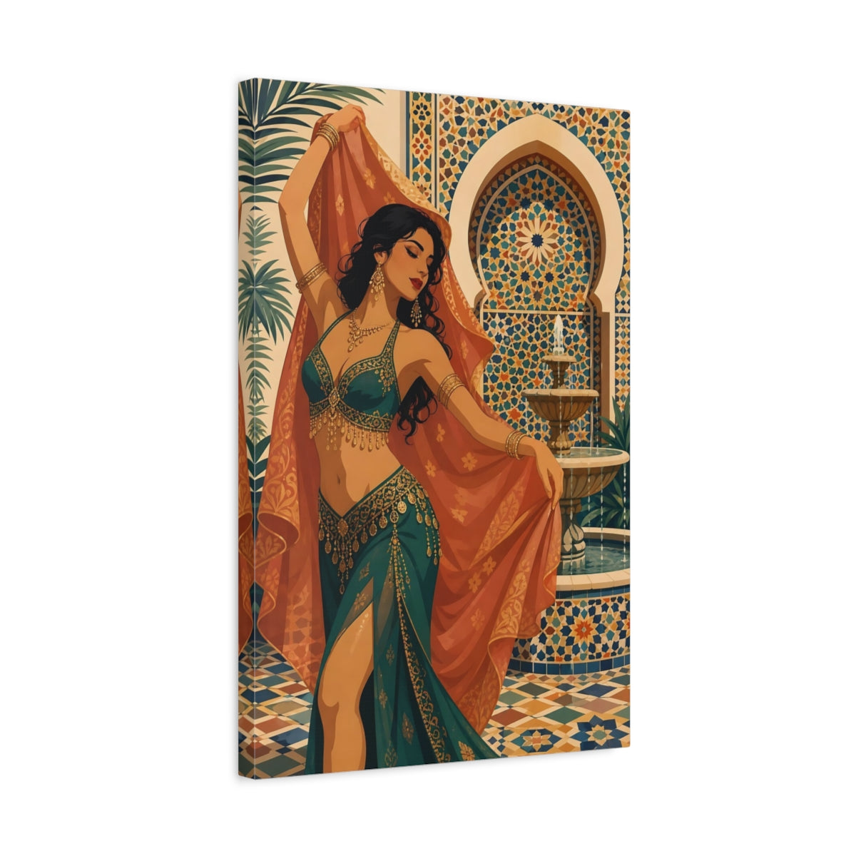 Side Mockup 3. Fairytale Woman Dancing Teal And Gold shown as canvas print
