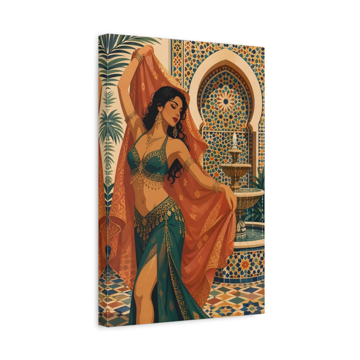Side Mockup 4. Fairytale Woman Dancing Teal And Gold shown as canvas print