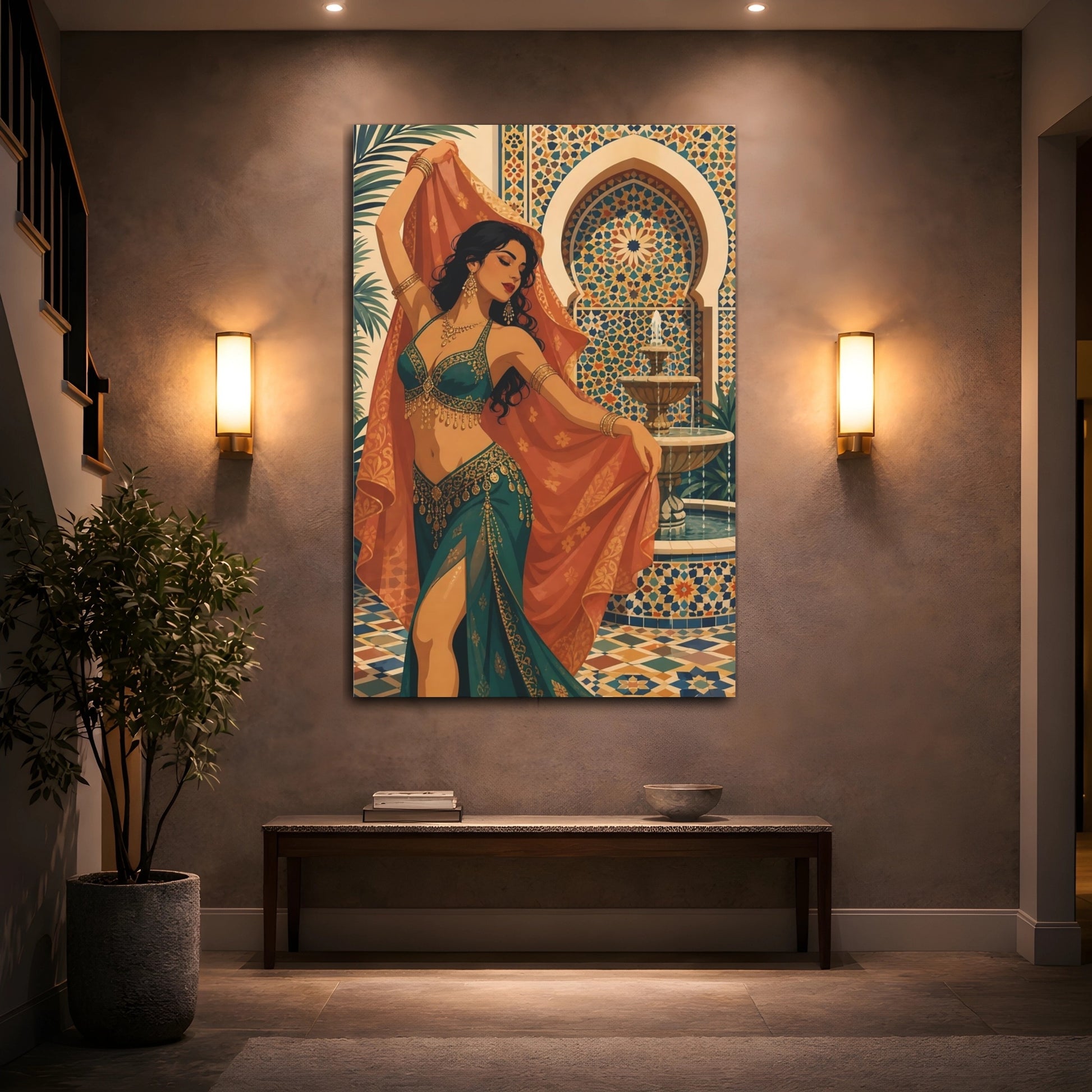 Mockup 2. Fairytale Woman Dancing Teal And Gold shown as canvas print
