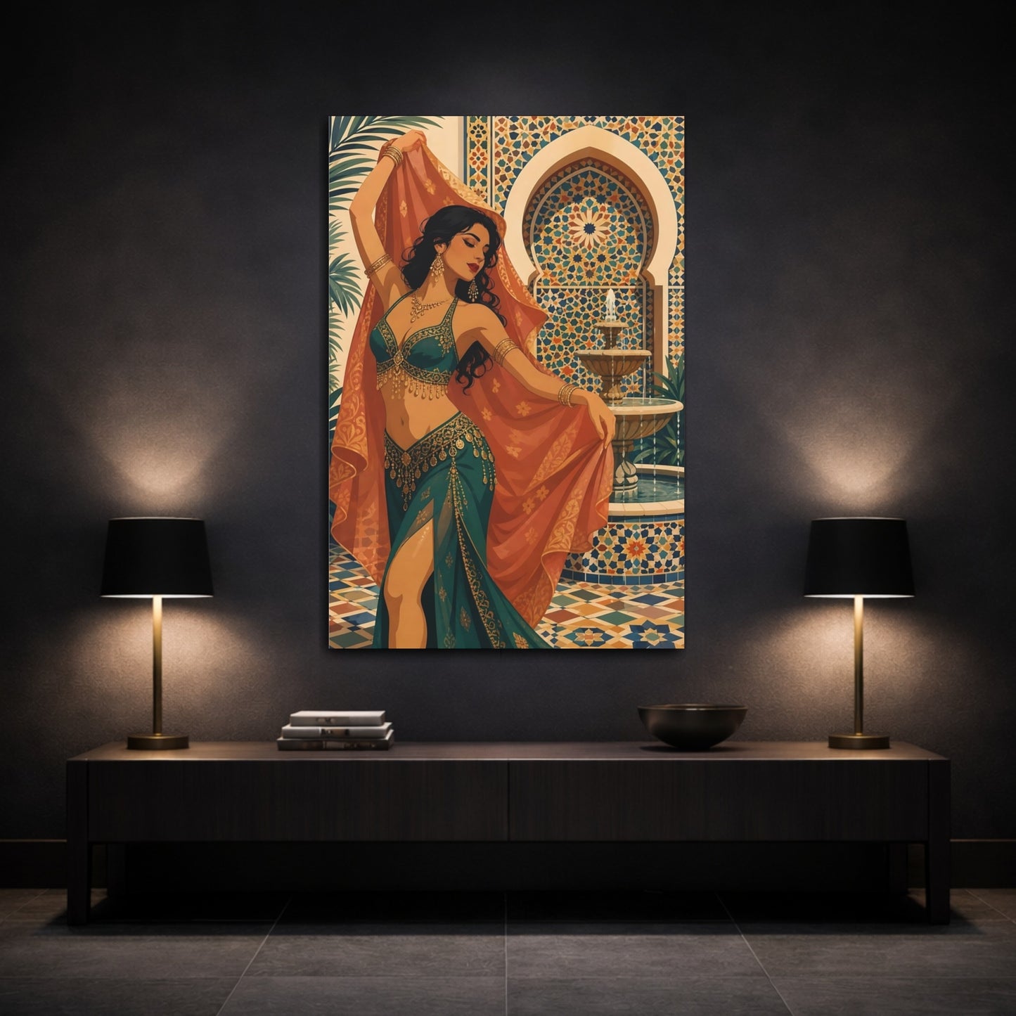 Mockup 3. Fairytale Woman Dancing Teal And Gold shown as canvas print