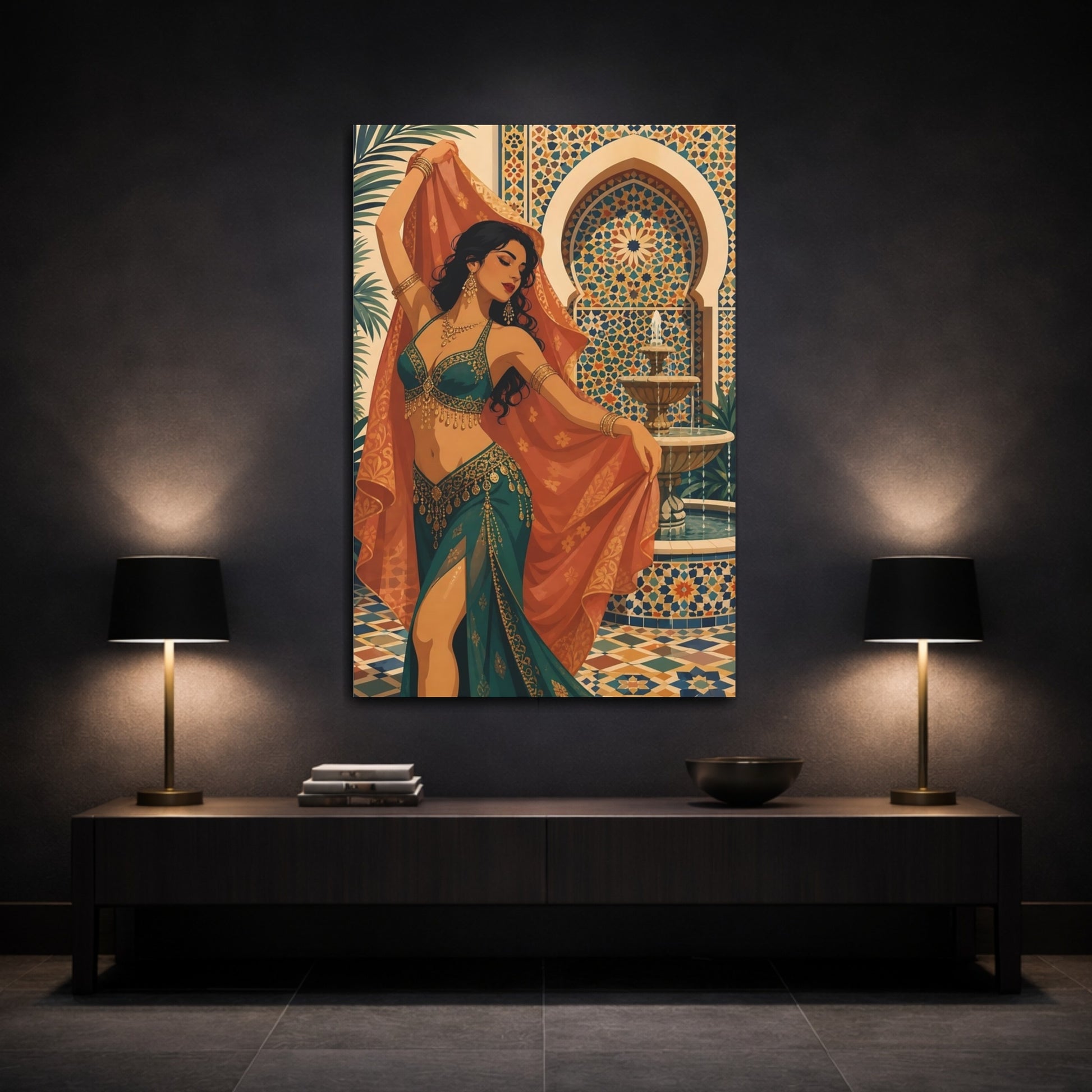 Mockup 3. Fairytale Woman Dancing Teal And Gold shown as canvas print