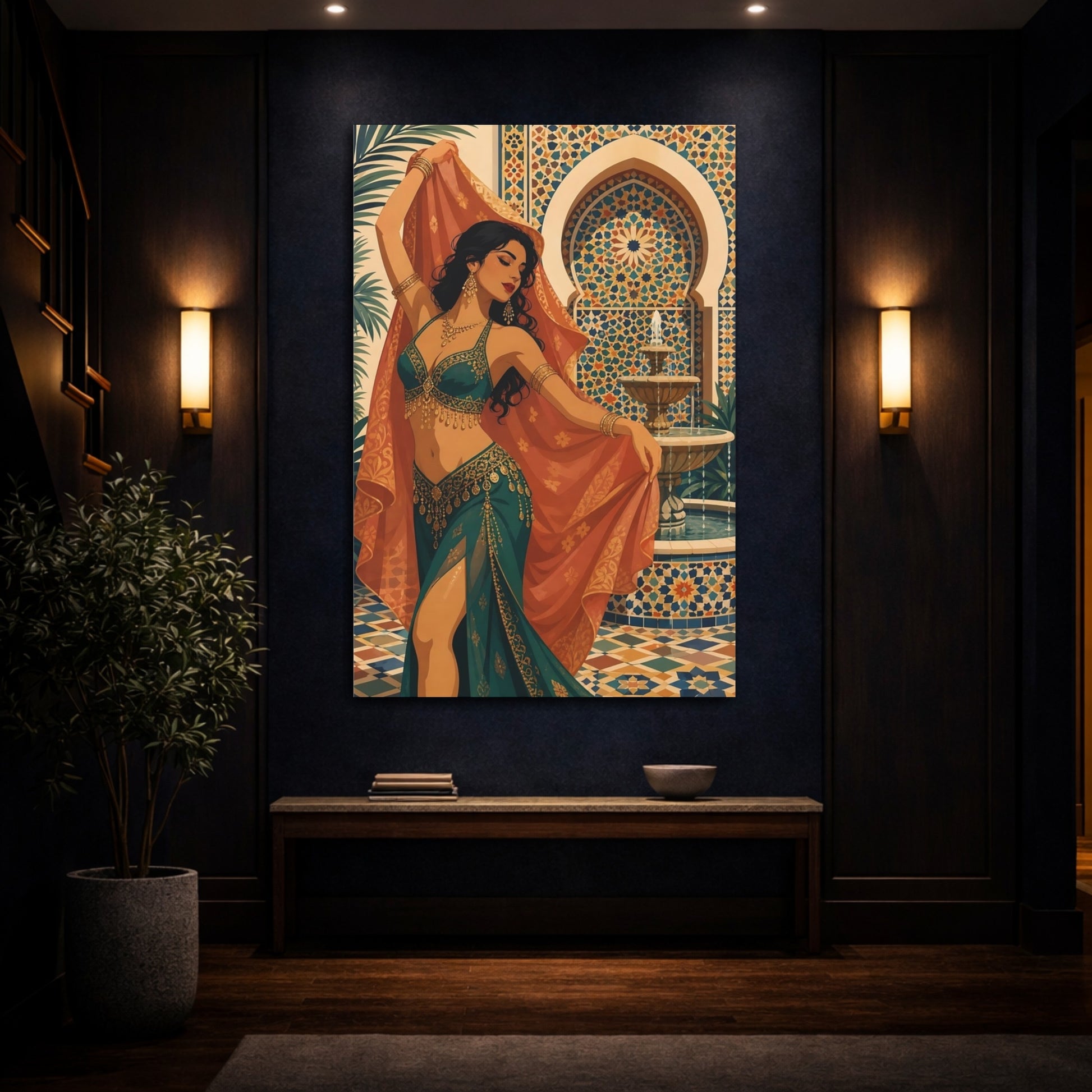 Mockup 4. Fairytale Woman Dancing Teal And Gold shown as canvas print