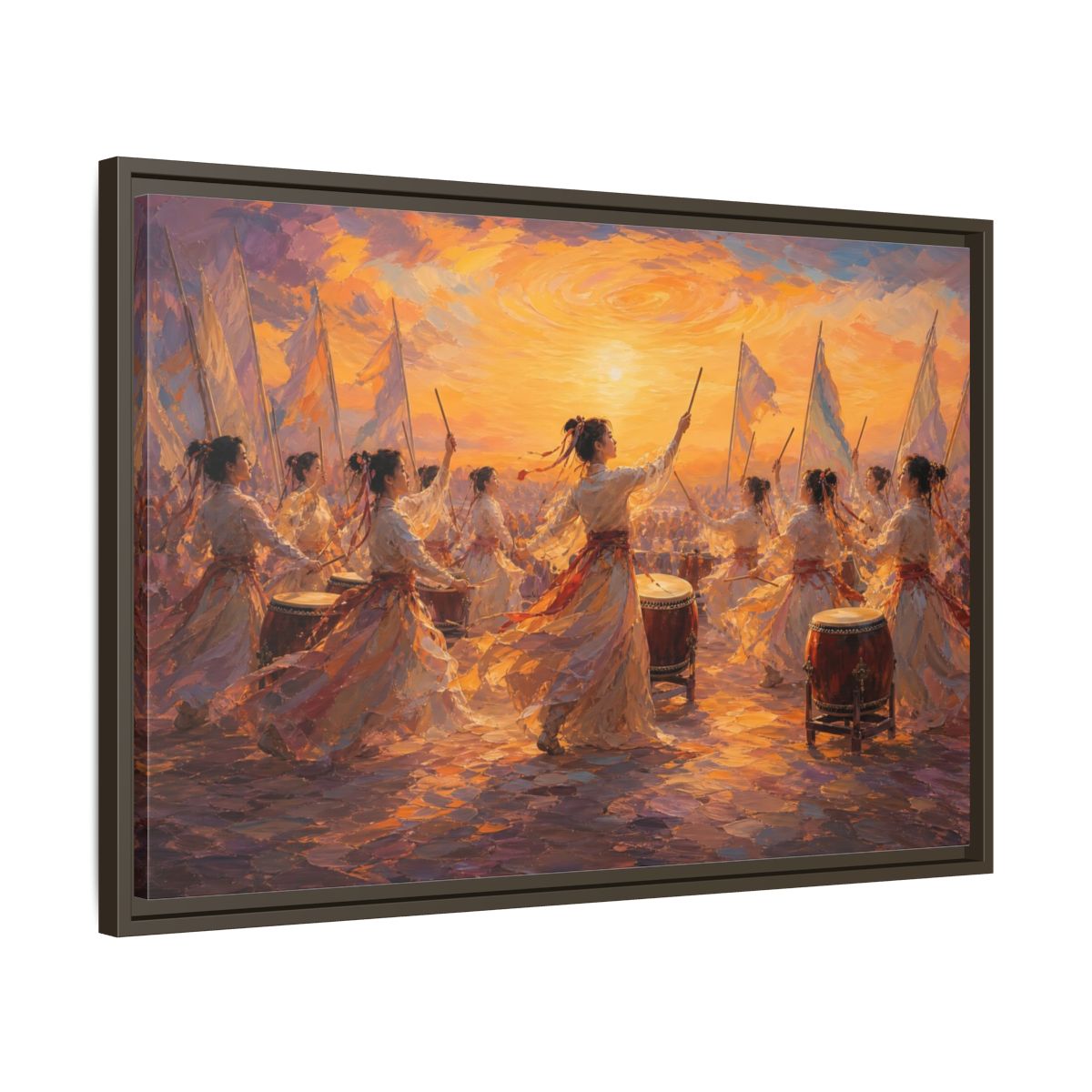 Side Mockup 11. Fairytale Women Drummers Orange Gold Celebration shown as framed canvas print