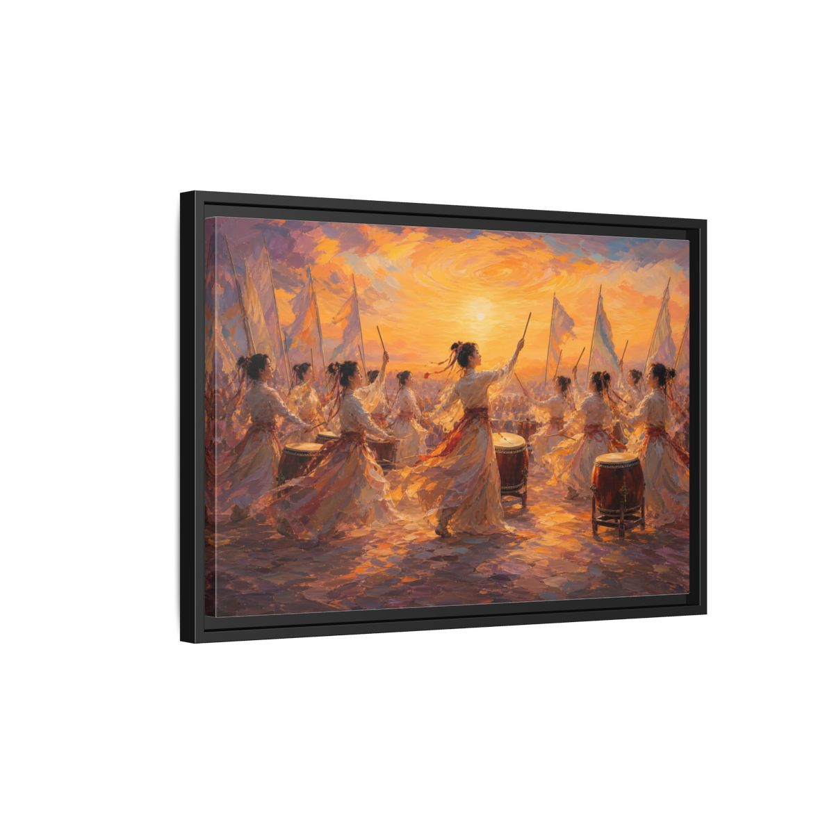 Side Mockup 3. Fairytale Women Drummers Orange Gold Celebration shown as framed canvas print
