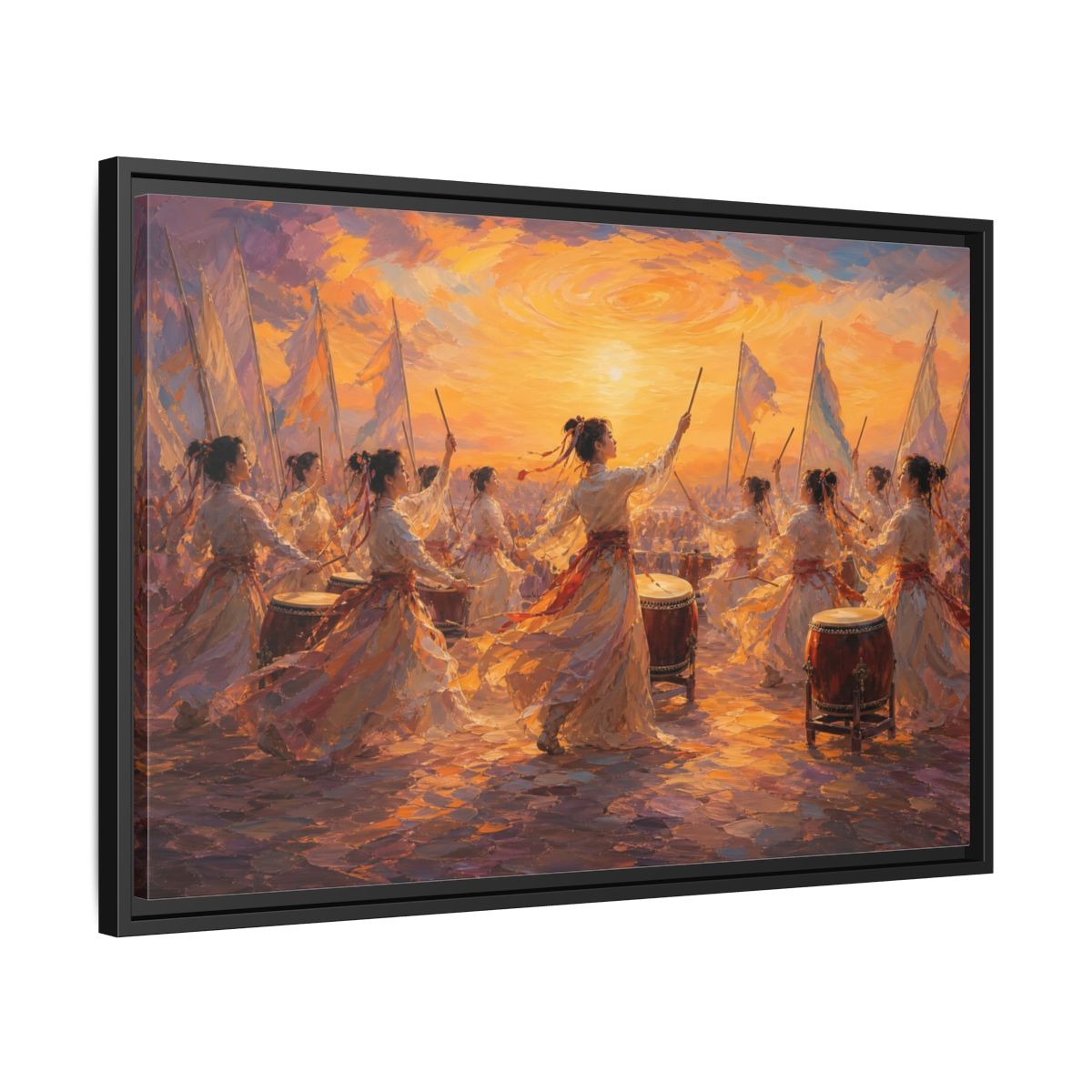Side Mockup 14. Fairytale Women Drummers Orange Gold Celebration shown as framed canvas print
