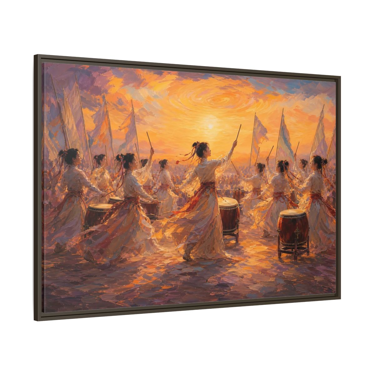 Side Mockup 8. Fairytale Women Drummers Orange Gold Celebration shown as framed canvas print