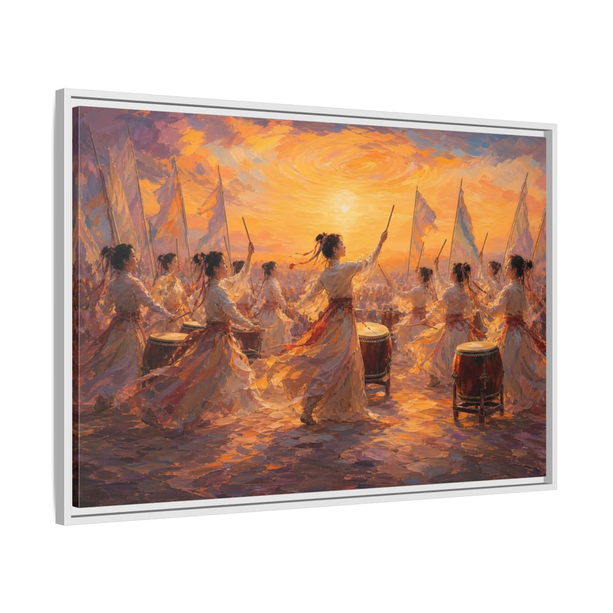 Side Mockup 9. Fairytale Women Drummers Orange Gold Celebration shown as framed canvas print