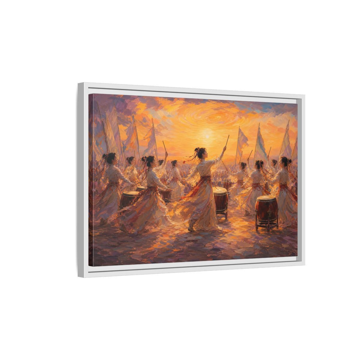 Side Mockup 1. Fairytale Women Drummers Orange Gold Celebration shown as framed canvas print