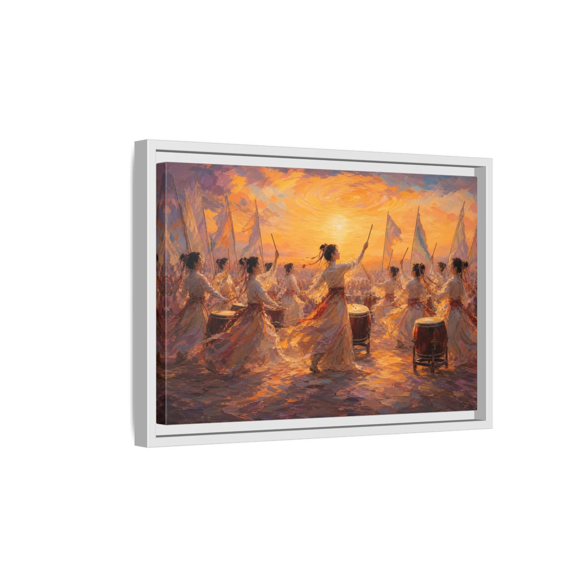 Side Mockup 4. Fairytale Women Drummers Orange Gold Celebration shown as framed canvas print