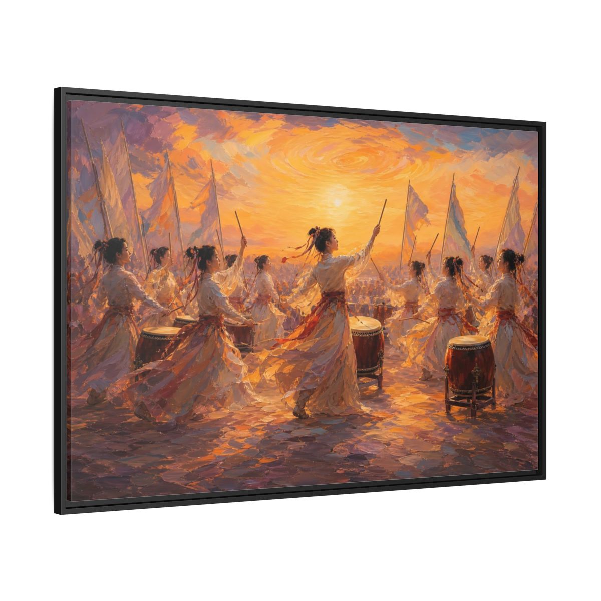 Side Mockup 12. Fairytale Women Drummers Orange Gold Celebration shown as framed canvas print