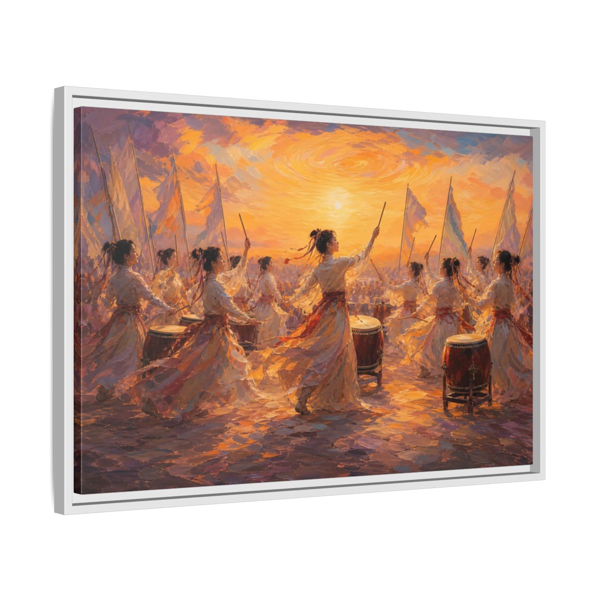 Side Mockup 10. Fairytale Women Drummers Orange Gold Celebration shown as framed canvas print
