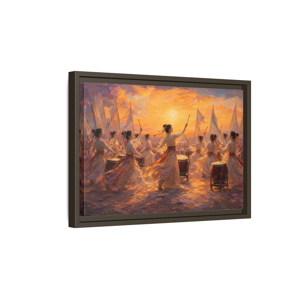 Side Mockup 5. Fairytale Women Drummers Orange Gold Celebration shown as framed canvas print