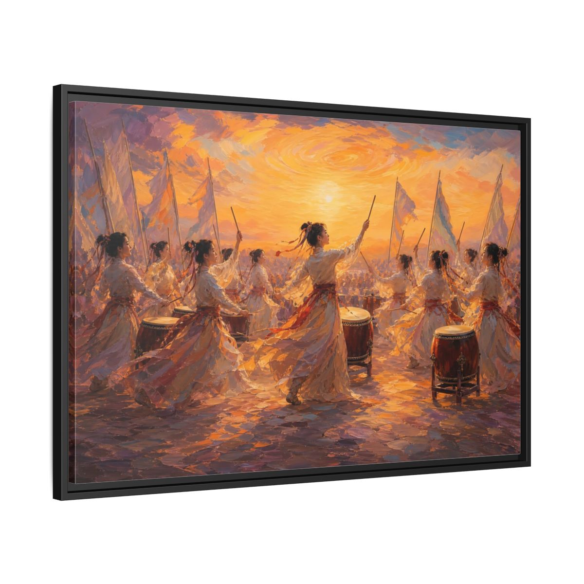 Side Mockup 13. Fairytale Women Drummers Orange Gold Celebration shown as framed canvas print