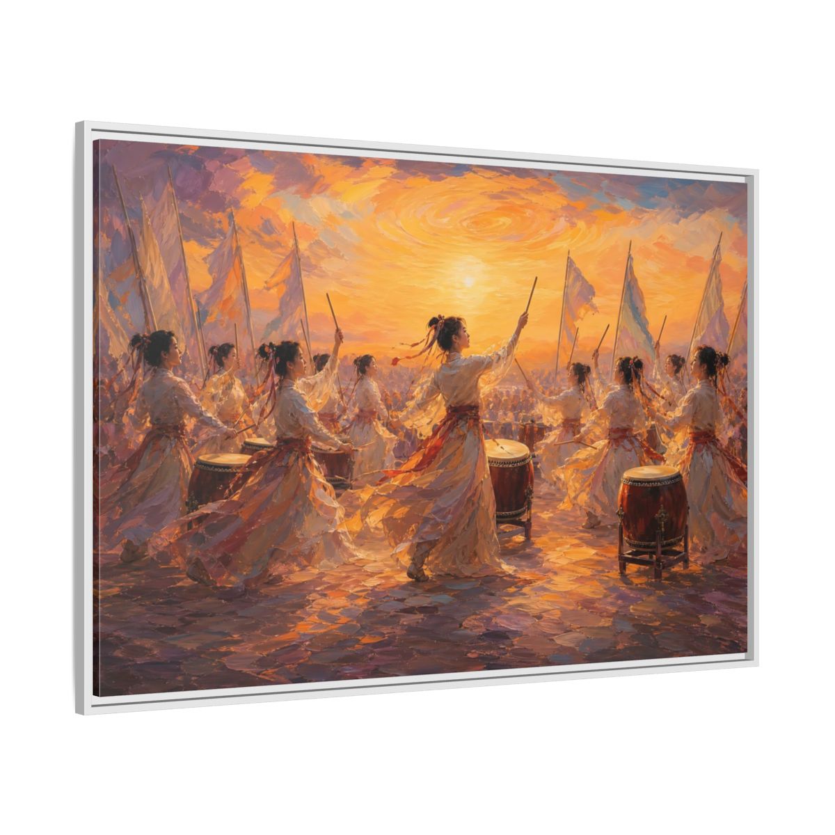 Side Mockup 7. Fairytale Women Drummers Orange Gold Celebration shown as framed canvas print