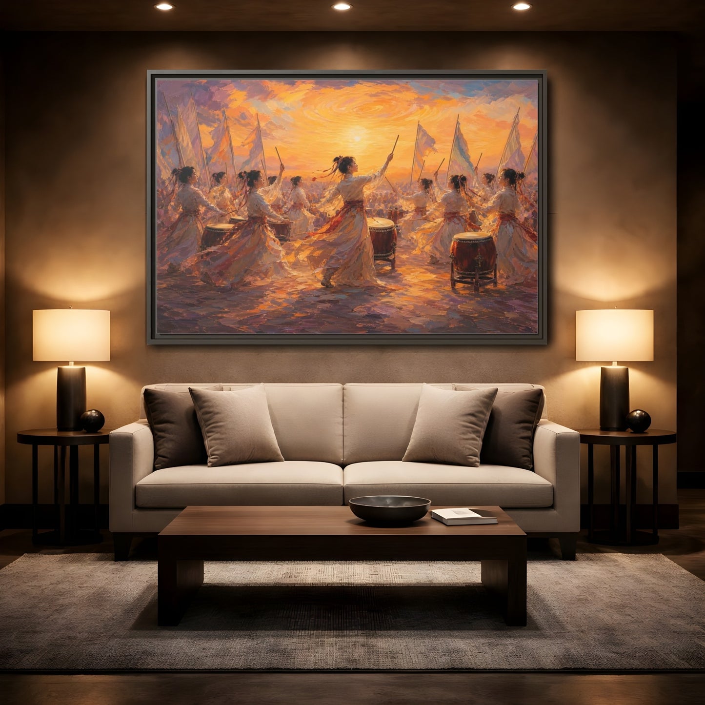 Mockup 2. Fairytale Women Drummers Orange Gold Celebration shown as framed canvas print