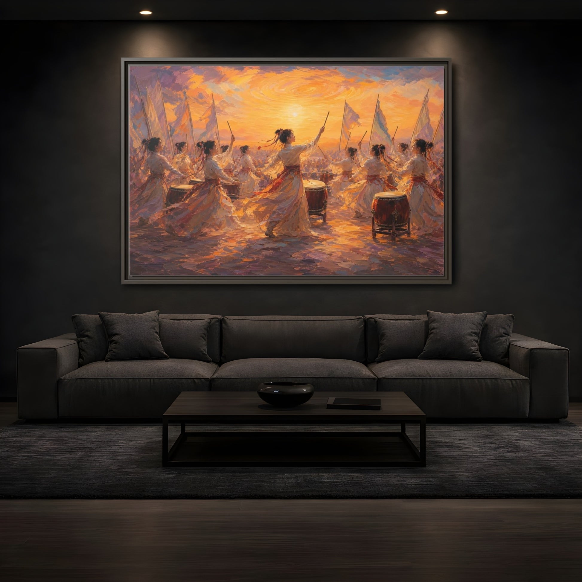 Mockup 3. Fairytale Women Drummers Orange Gold Celebration shown as framed canvas print