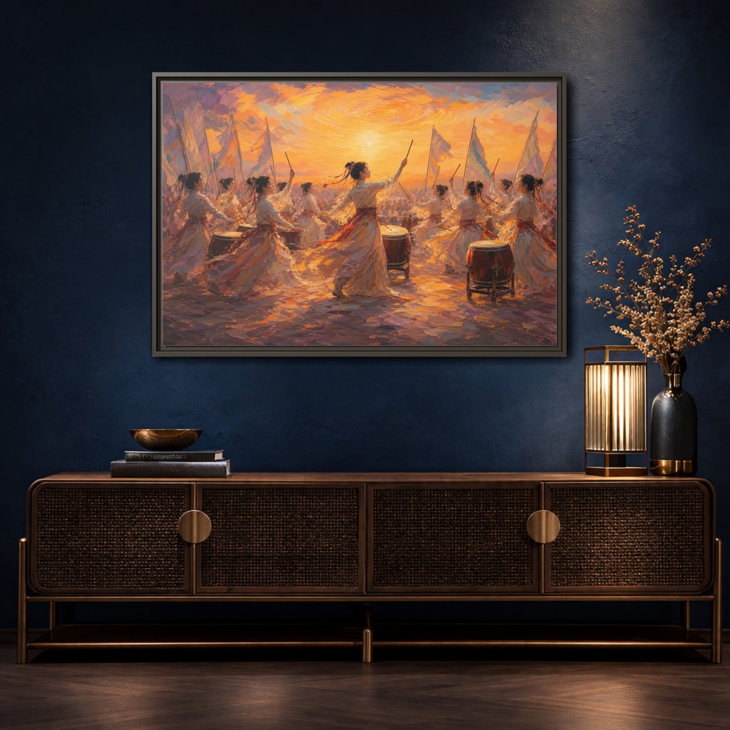 Mockup 4. Fairytale Women Drummers Orange Gold Celebration shown as framed canvas print