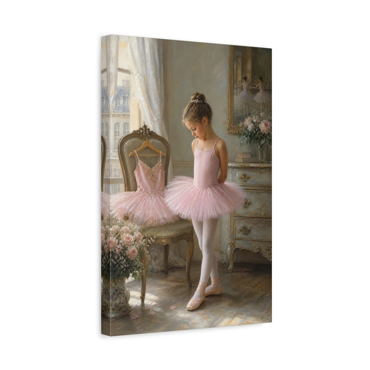 Side Mockup 4. Fairytale Young Ballerina Pink Ballerina shown as canvas print