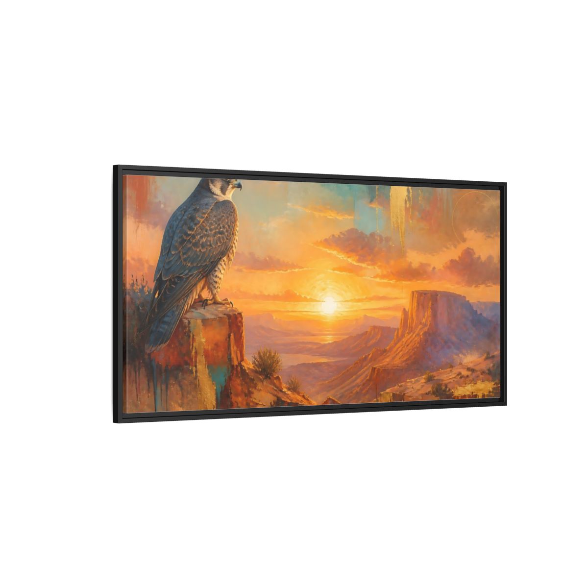 Side Mockup 5. Falcon At Desert Sunrise shown as framed canvas print
