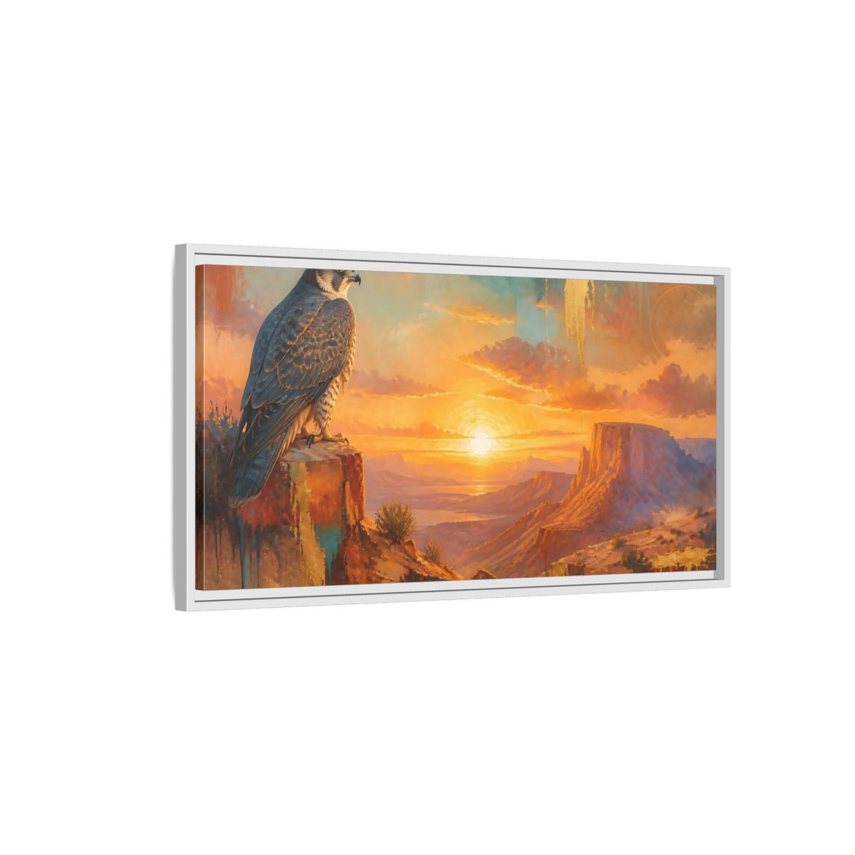 Side Mockup 1. Falcon At Desert Sunrise shown as framed canvas print