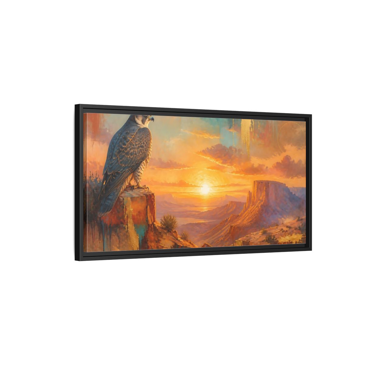 Side Mockup 2. Falcon At Desert Sunrise shown as framed canvas print