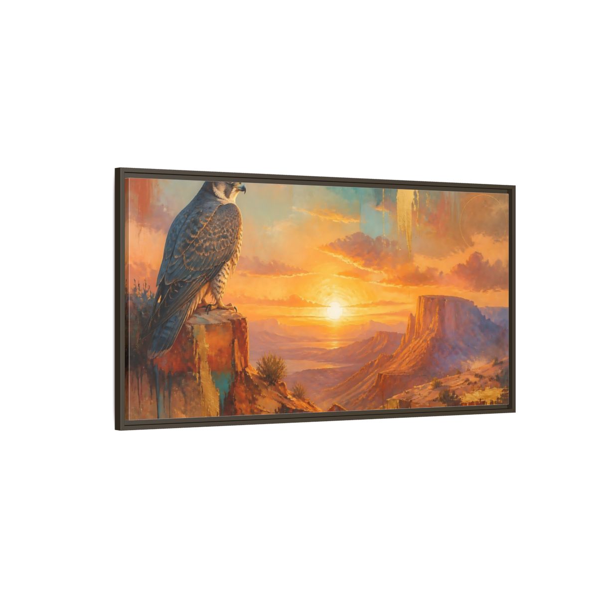 Side Mockup 4. Falcon At Desert Sunrise shown as framed canvas print