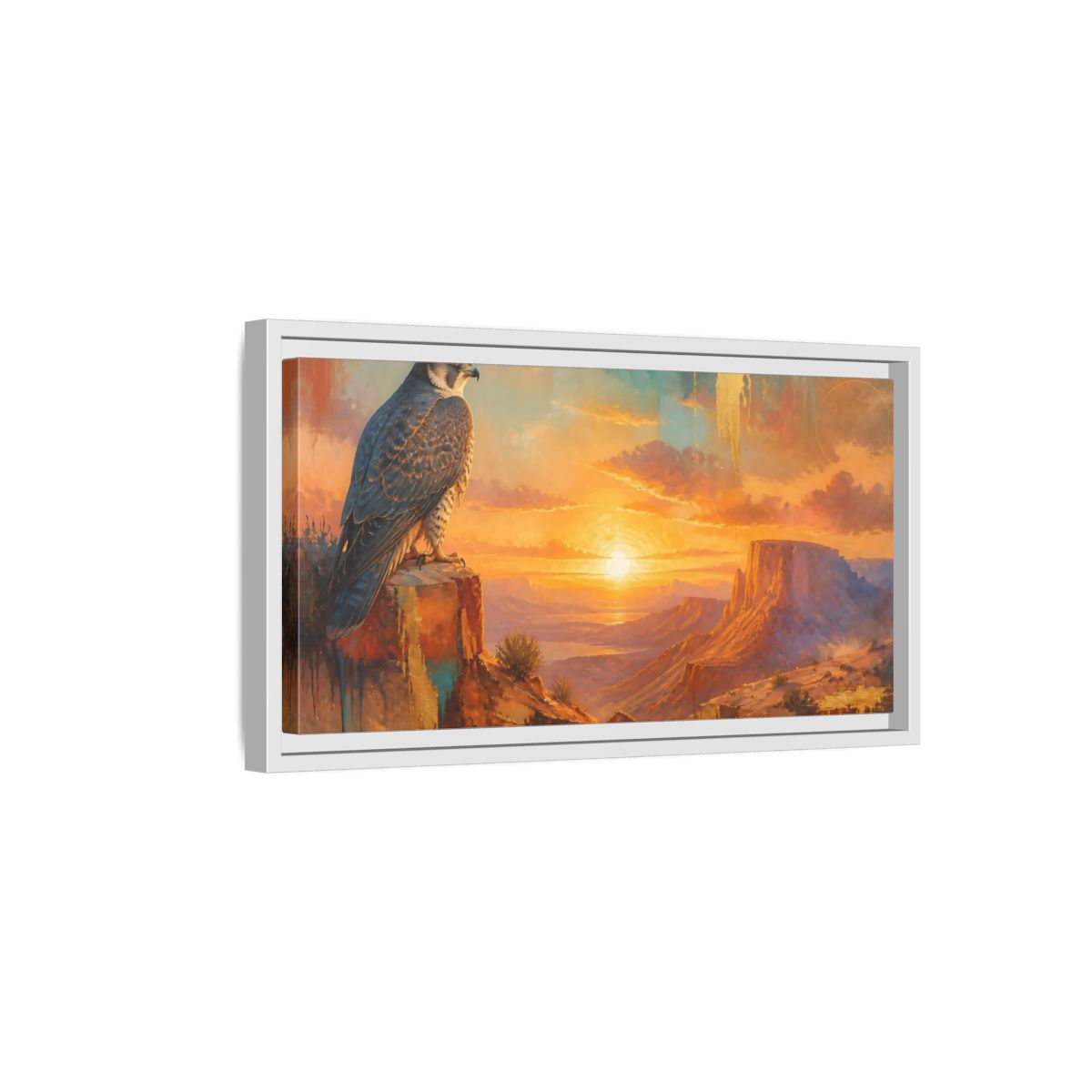 Side Mockup 6. Falcon At Desert Sunrise shown as framed canvas print